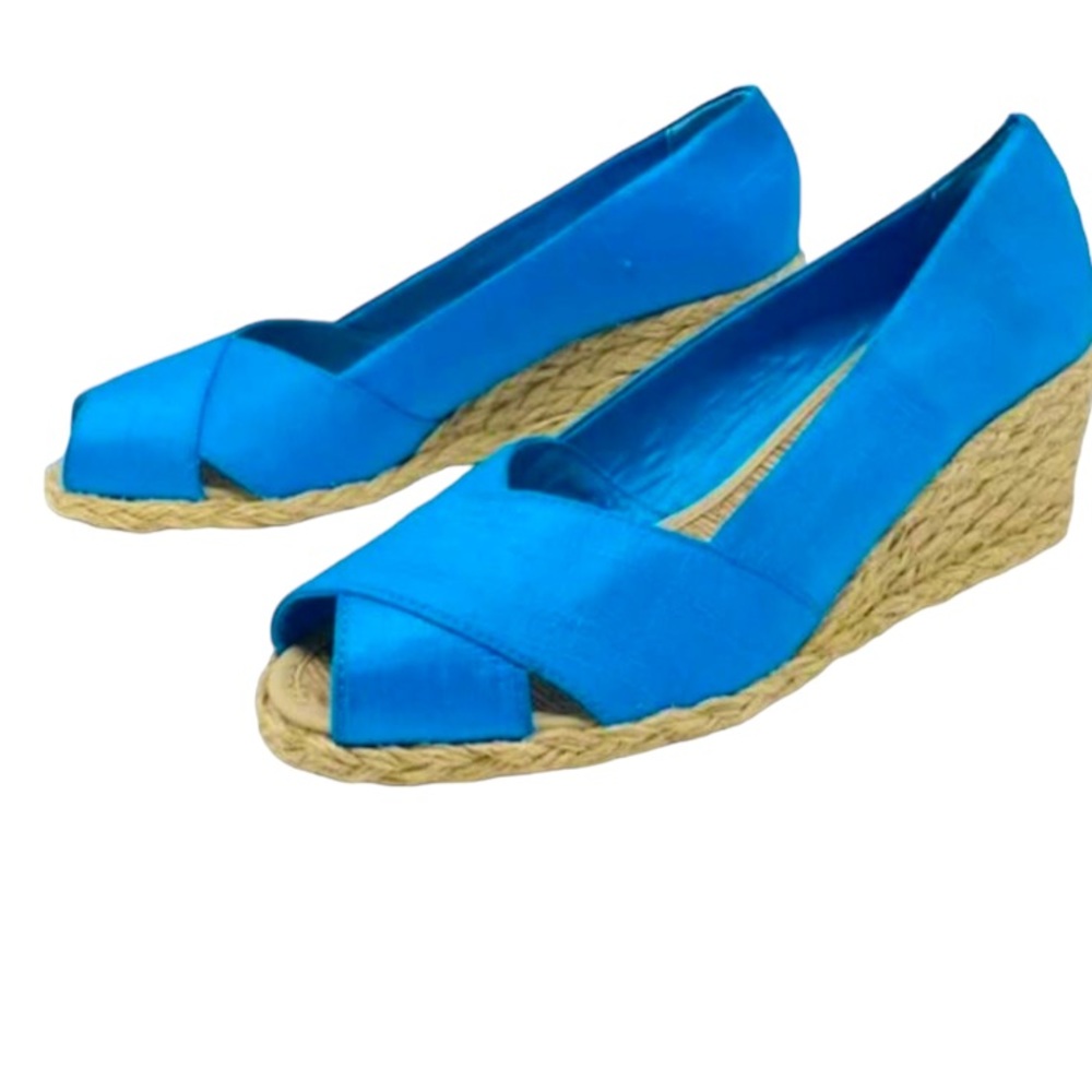 Lauren‎ Ralph Lauren Cecilia Silk Shantung Turquoise Peep Toe Espadrille Wedges